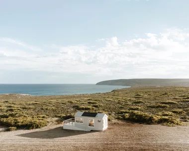 A small white cabin on the Eyre Peninsula, South Australia.