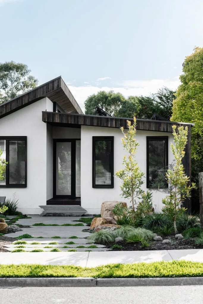 The eco-friendly home's hempcrete and timber front facade.