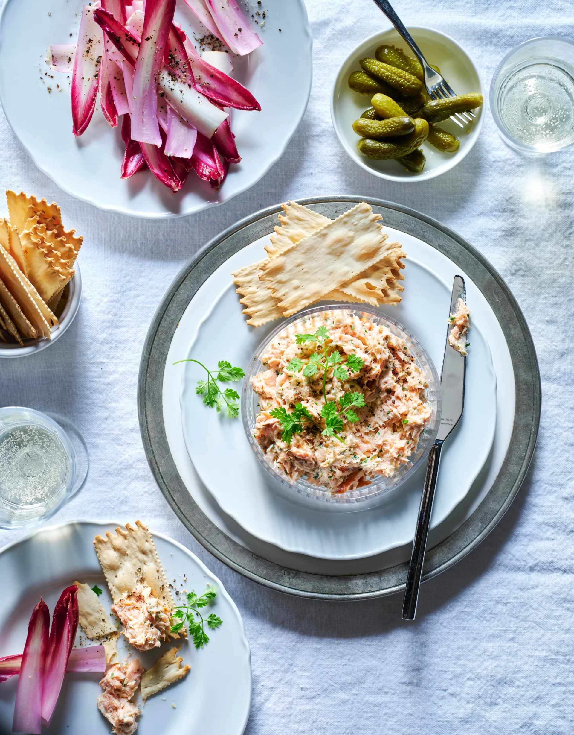 A portion of salmon rillette with crackers.