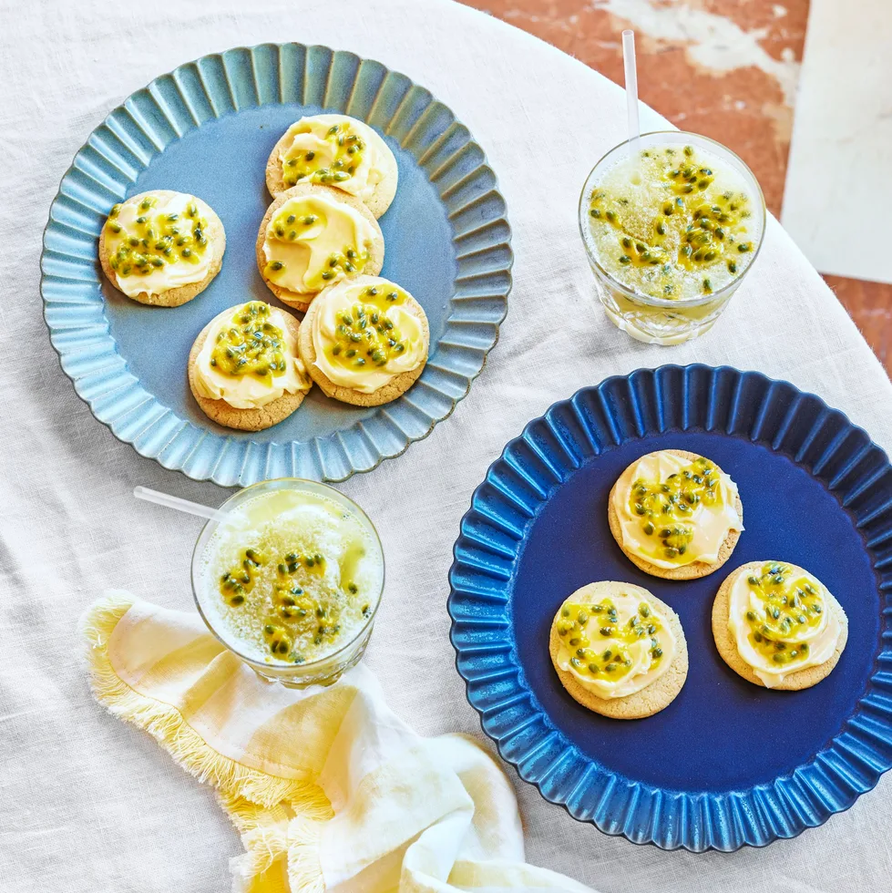 Vanilla shortbread with lemon curd and passionfruit.