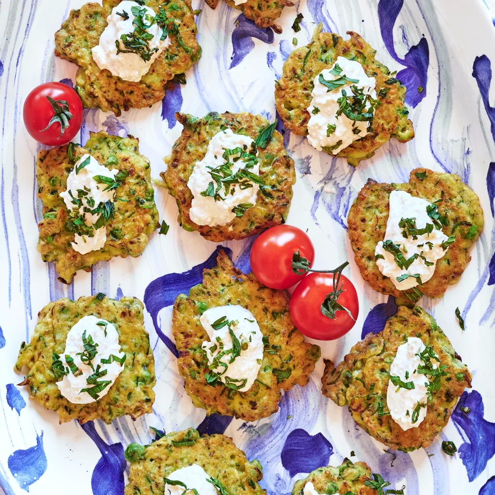 Zucchini fritters with whipped feta.