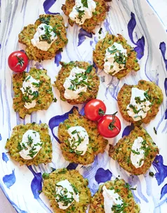 Zucchini fritters with whipped feta.