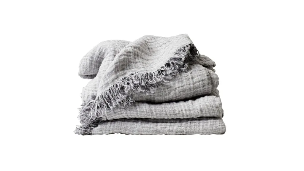 A grey woven throw blanket.