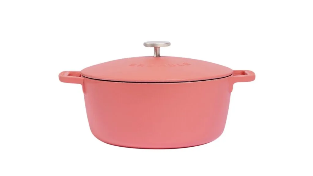 A round pink cooking pot.