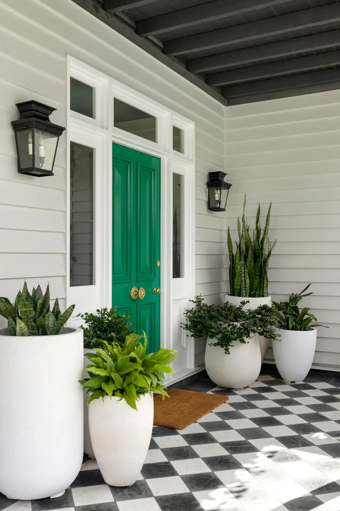 The front entrance with pot plants, green door and checked floor.