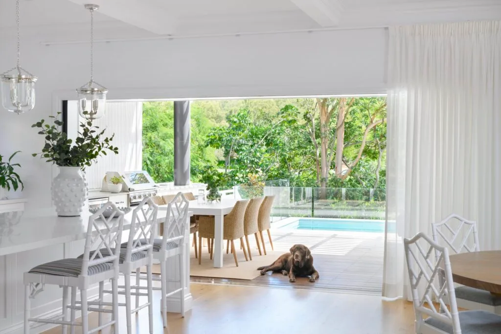 A chocolate Labrador by the kitchen and outdoor alfresco area opening to the pool and garden.