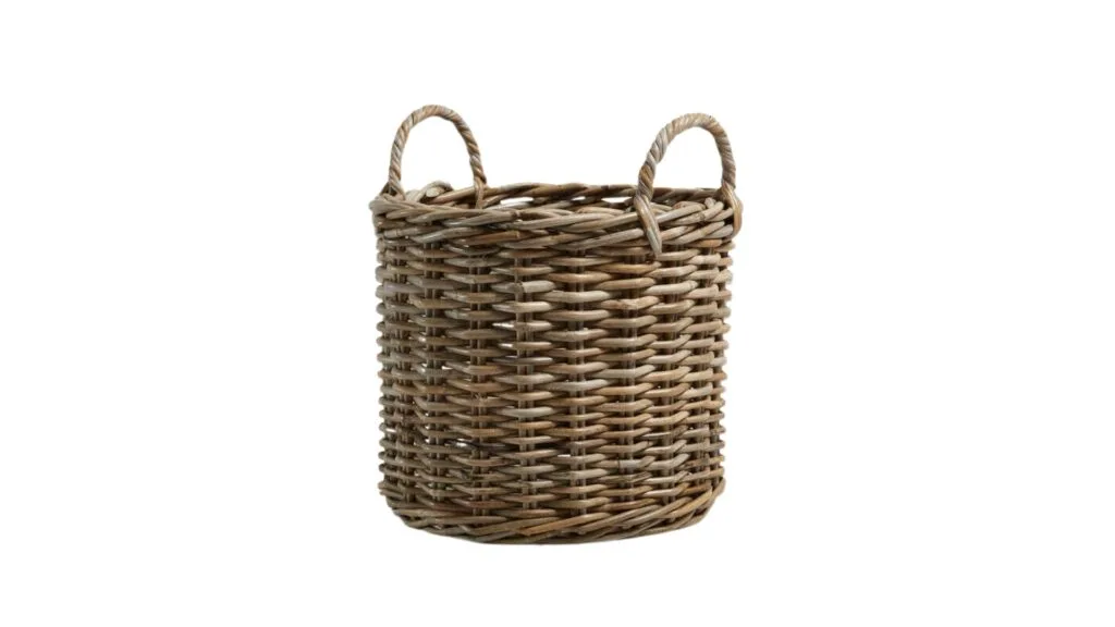 A round woven rattan basket.