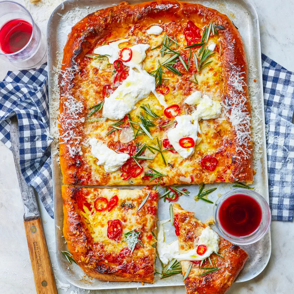 Three cheese & pickled chilli tray pizza.
