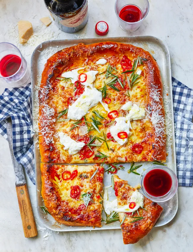 Three cheese & pickled chilli tray pizza.