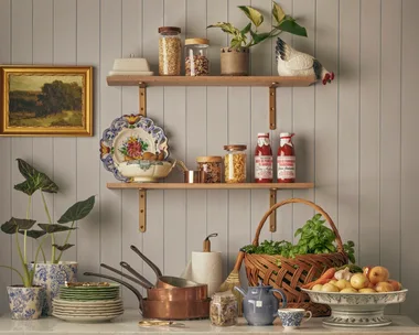 pantry with open shelves and gathered linen shelf skirt