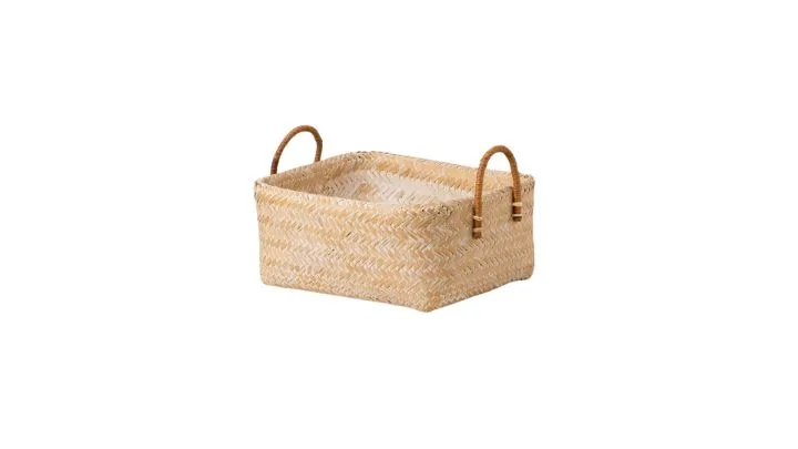 Double layered white washed baskets with rattan handles set of 2