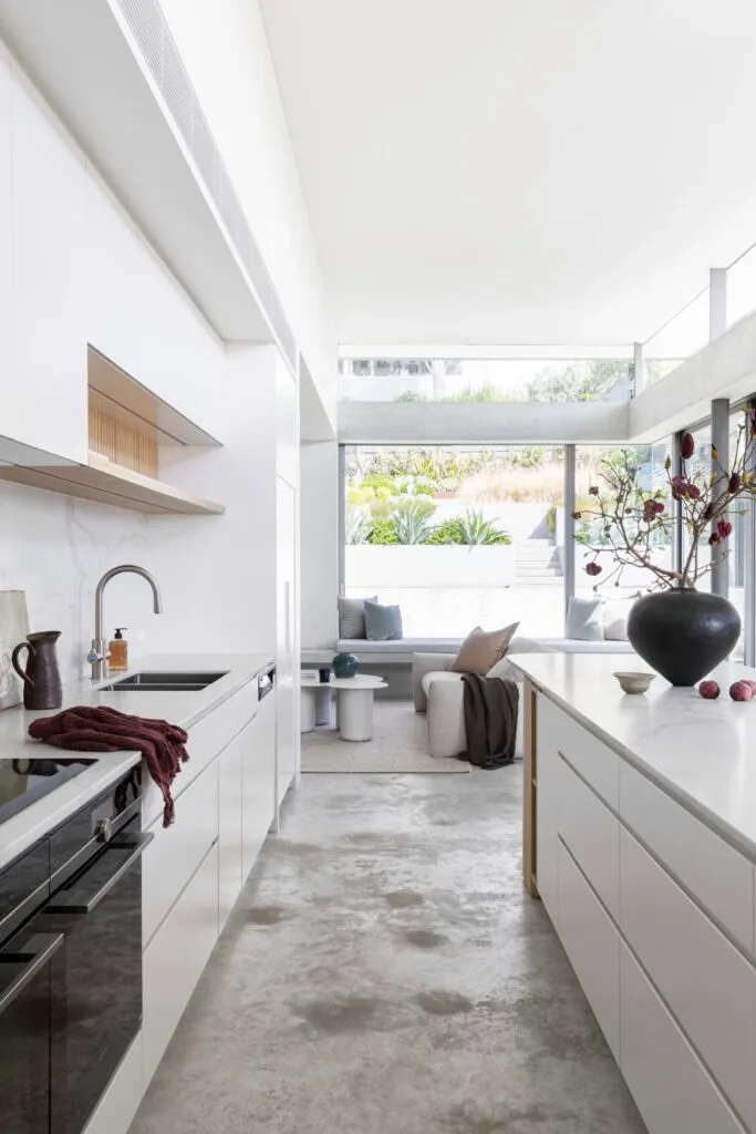 The kitchen leading to the family living area.