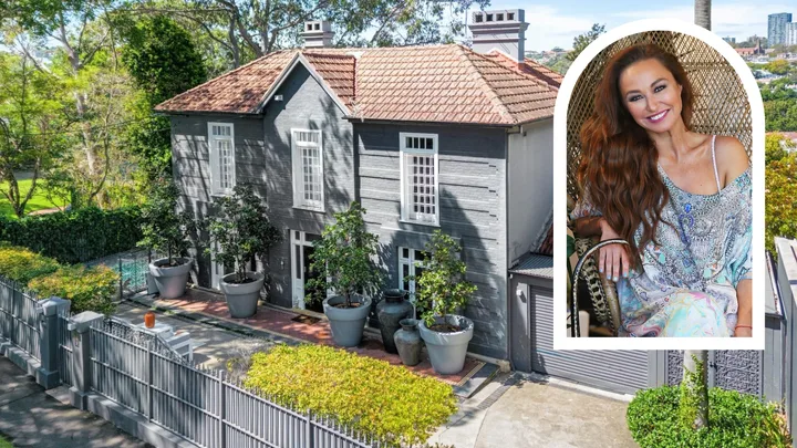 Exterior of Camilla Franks' home in Woollahra with the designer's face inset.