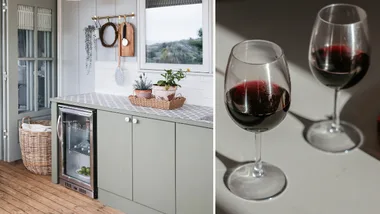 Left image sage cabinet with integrated wine fridge. right image two glasses with red wine