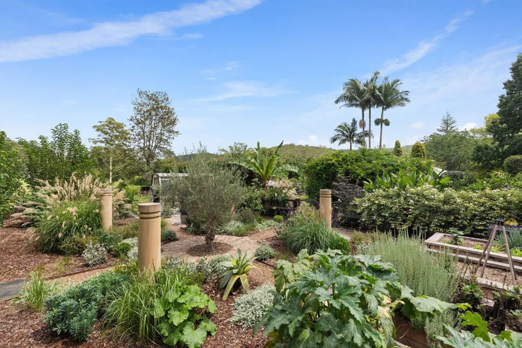 A self-sustaining garden at Charlie Albone's Ourimbah property featuring self-wicking raised vegetable garden beds.