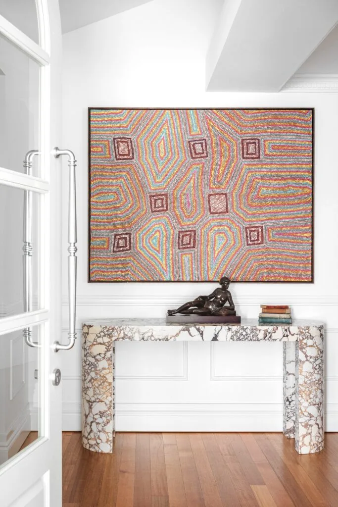 colourful-dream-home-brisbane-entrance-marble-console-indigenous-art