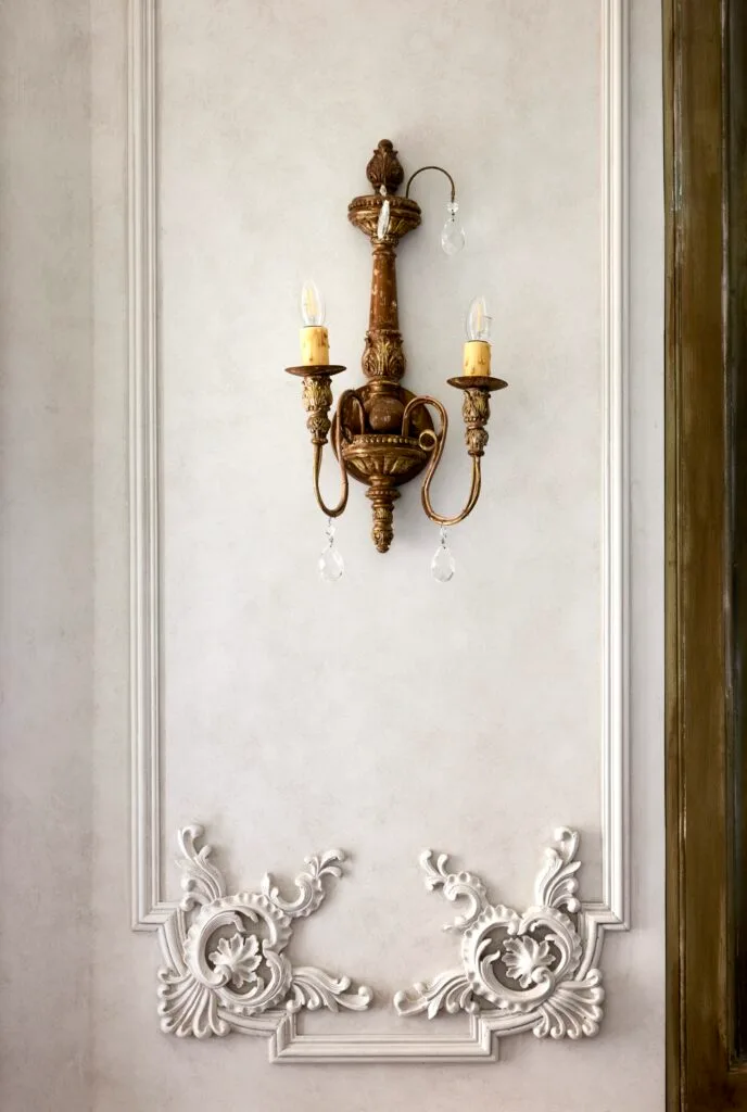 A vintage wall sconce surrounded by decorative wall mouldings.