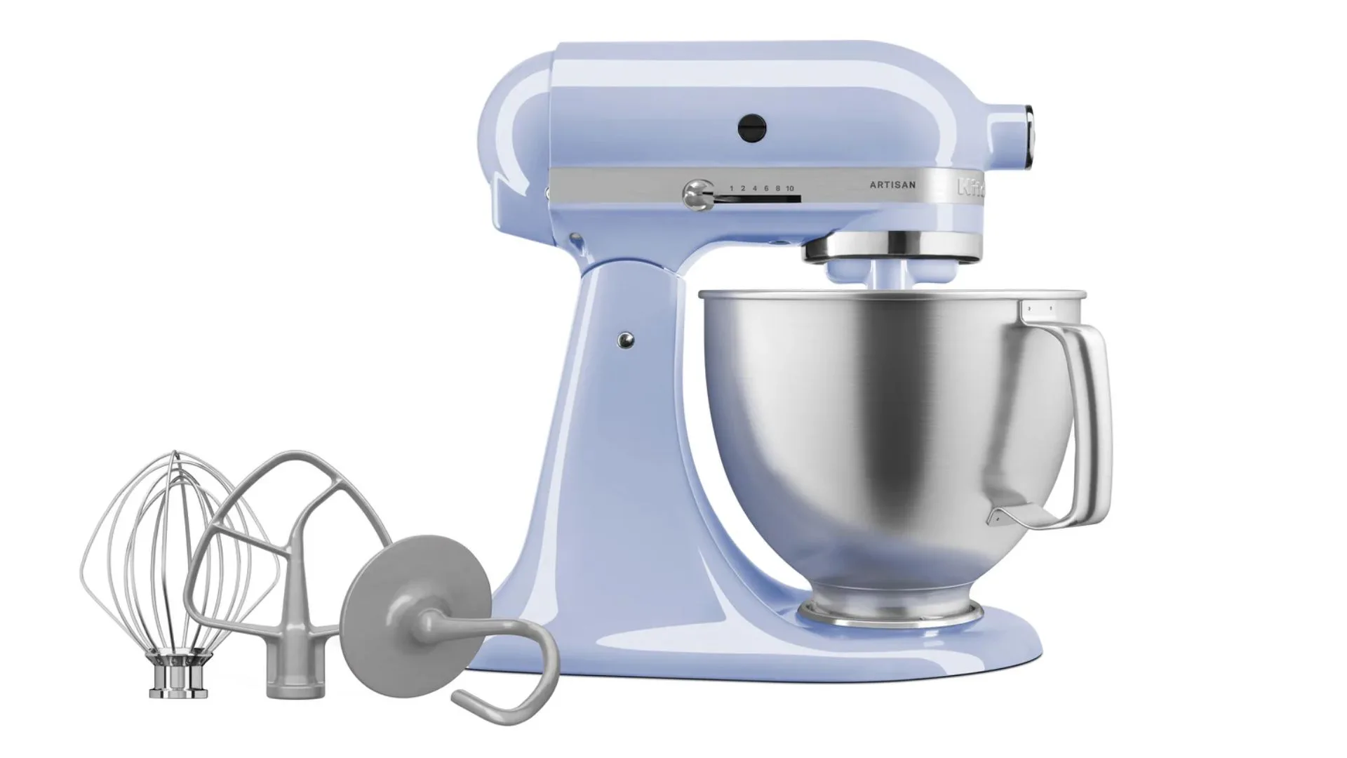 A blue kitchenaid standmixer with attachments, an option for Mother's Day gifts