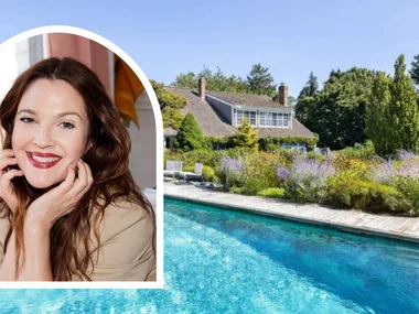 Drew Barrymore Hamptons home with image of Drew inset