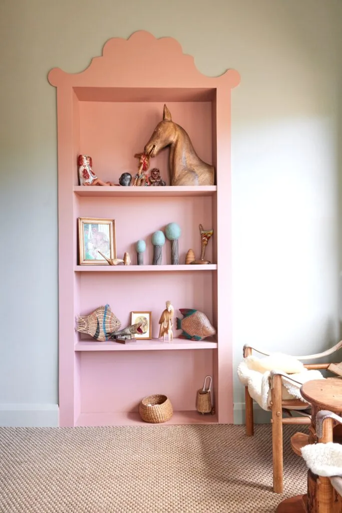 Olli Ella cofounder Chloe Brookman home built in shelves pink