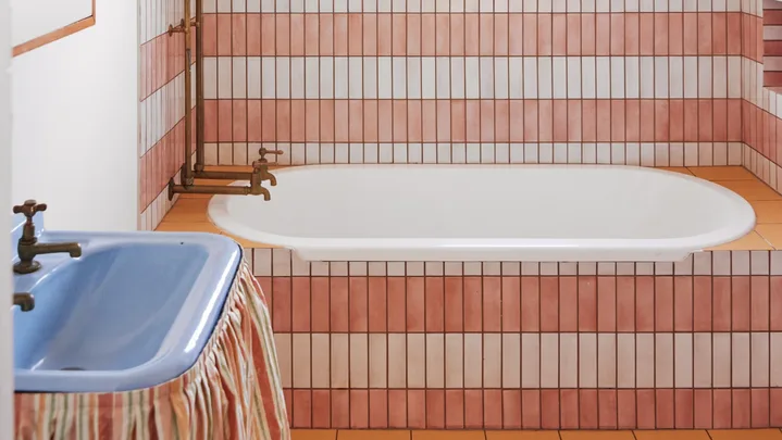Olli Ella cofounder Chloe Brookman home kids bathroom stripe tile pattern sink skirt
