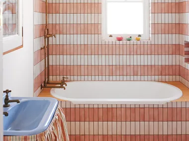 Olli Ella cofounder Chloe Brookman home kids bathroom stripe tile pattern sink skirt