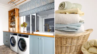 Sky blue laundry room with timber accents and blue patterned shades.