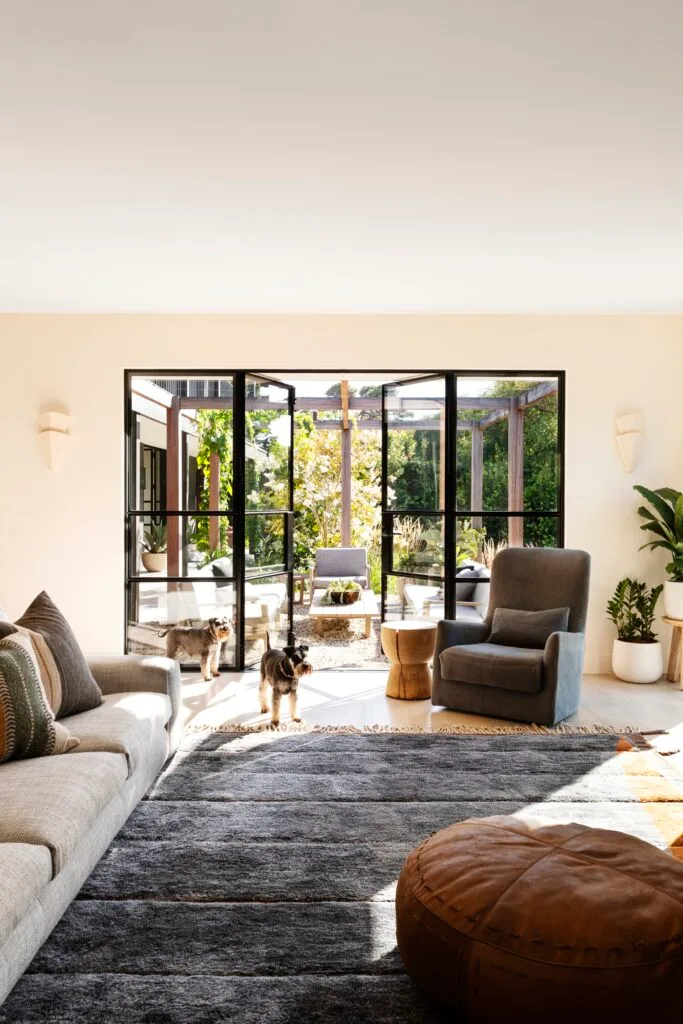 A living area with open garden doors, plush rug and a schnauzer.