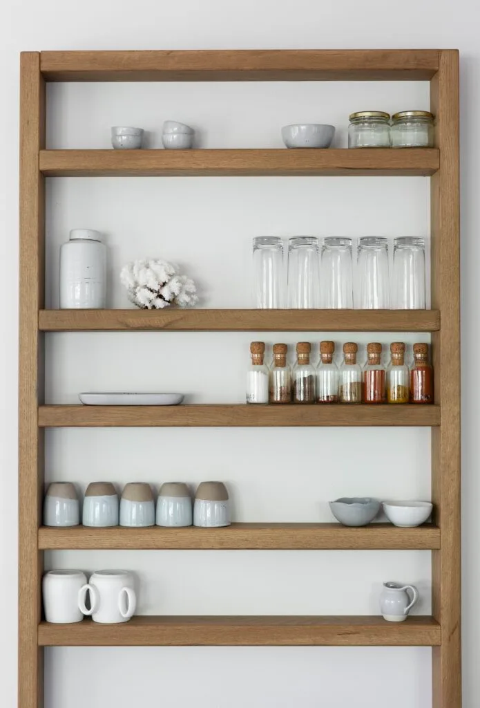 Open timber shelves with ceramics, spice jars and glasses.