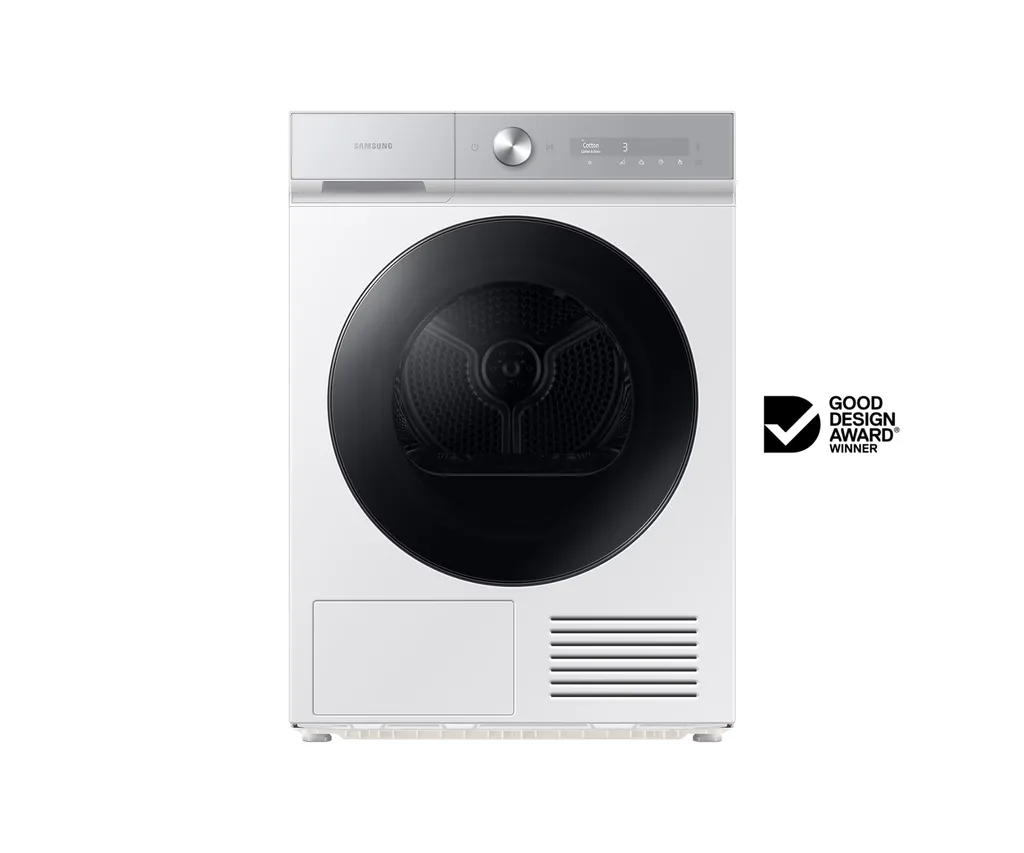 Samsung dryer with modern design, featuring a circular front door. Good Design Award winner logo on the right.