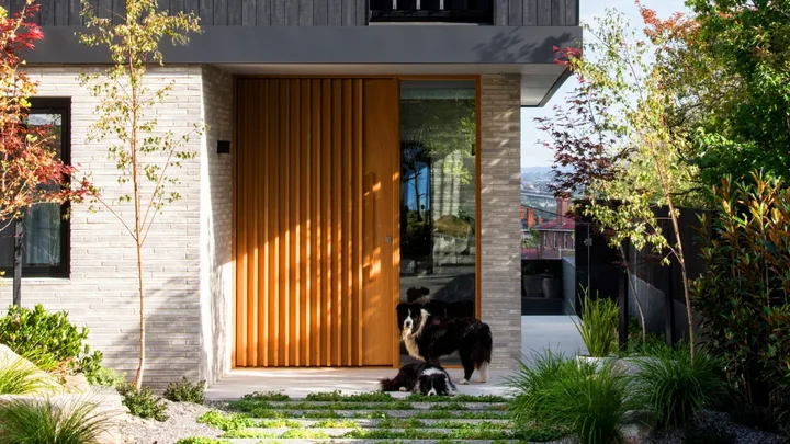 A modern minimalist house with stone and black cladding and two border collies beneath.