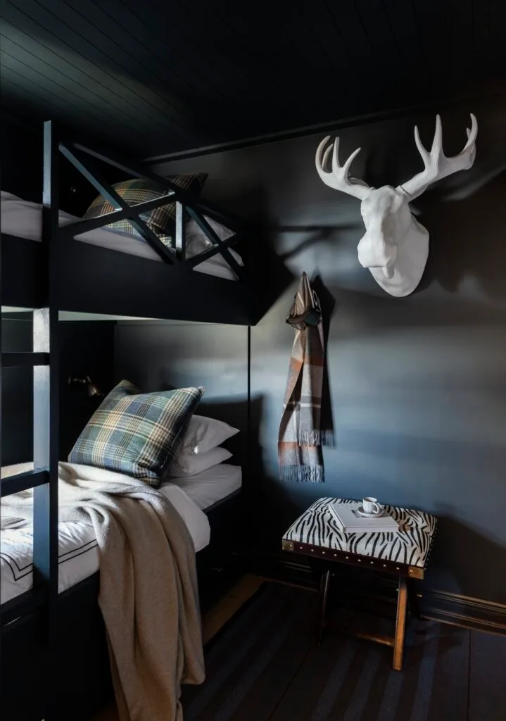 A dark blue bunk room with a white mounted moose.