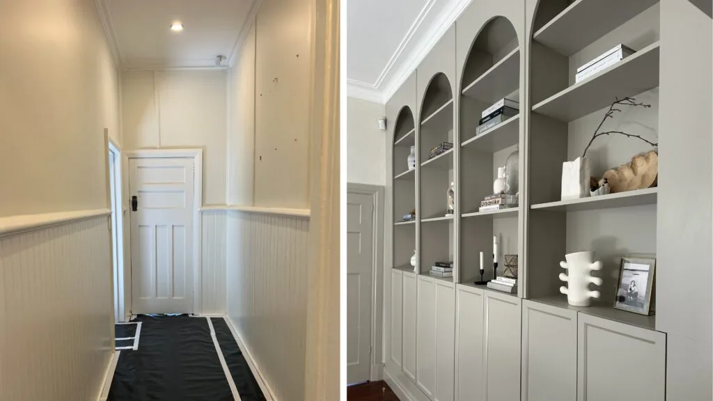 On the left is the 'before' shot of the space in Ronnie and Georgia's home which was a narrow hallway. On the right is the 'after' with the new cabinetry finished.