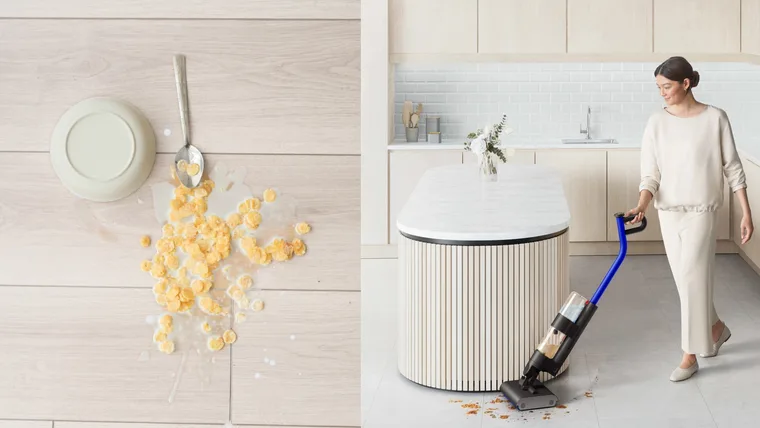 Woman using a Dyson Wash G1 and an overhead shot of a spilt bowl of cereal on a tiled floor.