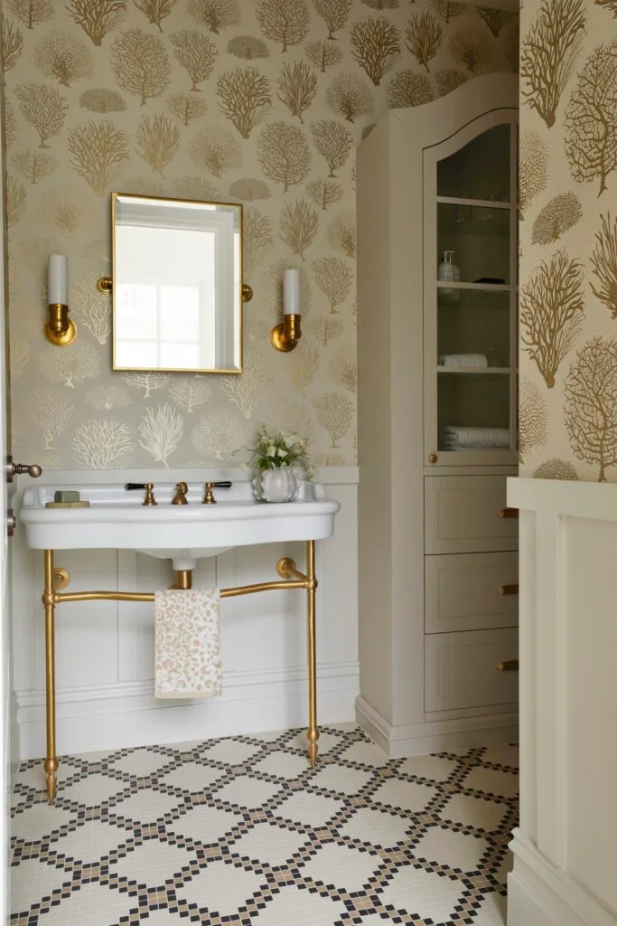 A classic ensuite with gold tree-themed wallpaper and a vintage-style vanity.