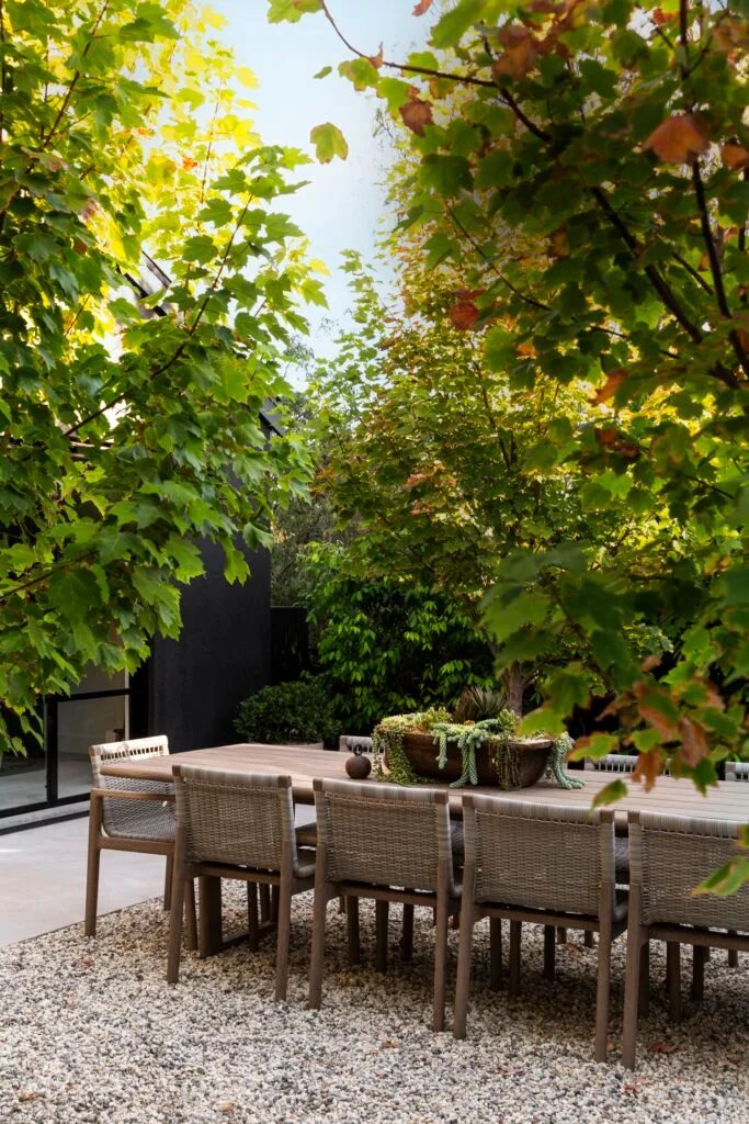 An outdoor alfresco dining area beneath Canadian maple trees.