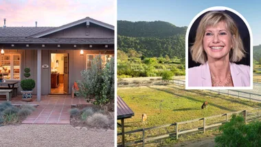 Image of Olivia Newton-John's Californian home front door (left) and horse arena (right) with a portrait of Olivia Newton-John (inset).