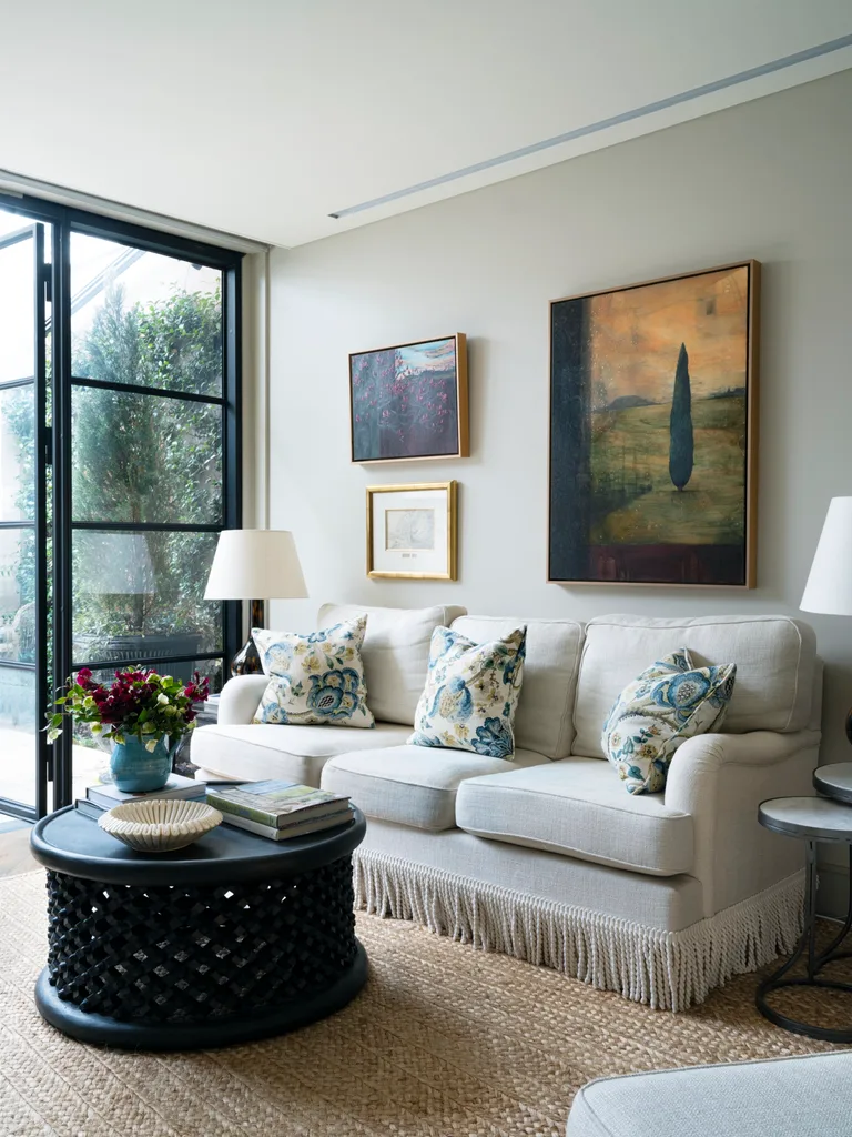 A white sofa and black weaved coffee table on a natural jute-style rug.