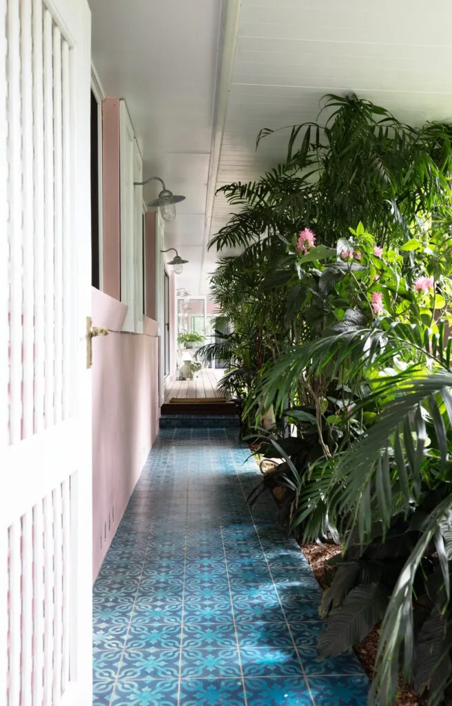 An outdoor entry with blue European tiled floors and tropical plants.