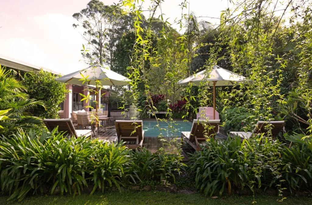 A pool area with tropical plants, loungers and white parasols.