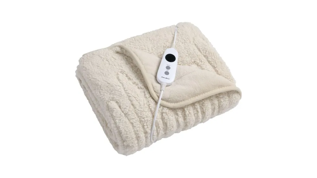 A cream electric throw blanket with controller.