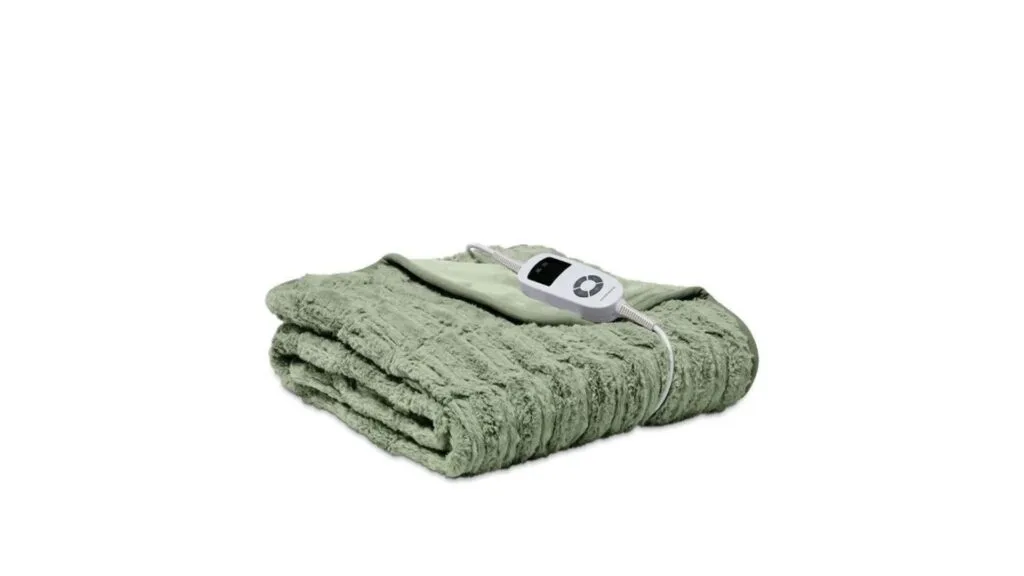 A green electric throw blanket with controller.