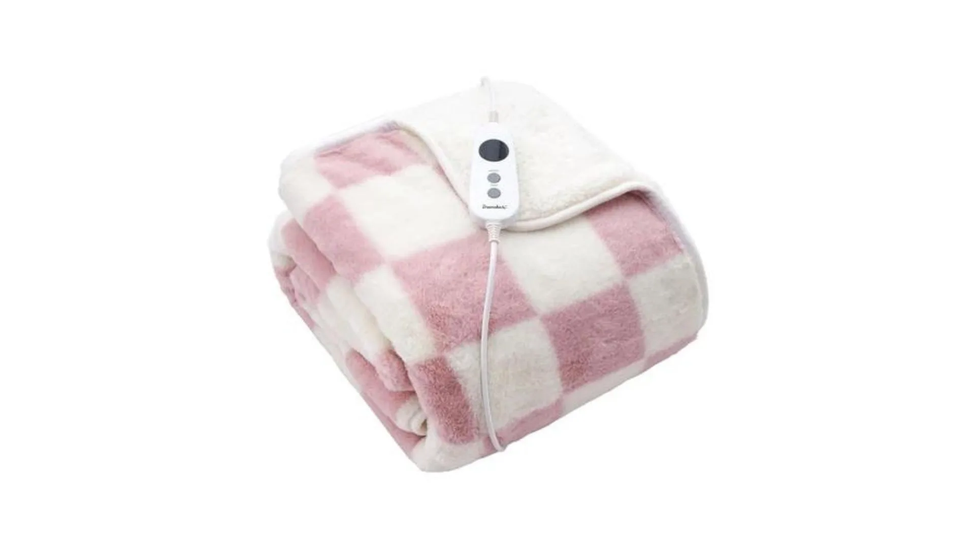 A pink and white electric throw blanket with controller.