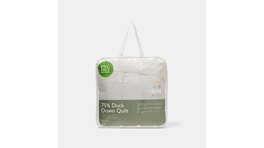 A duck-down duvet in clear packaging.