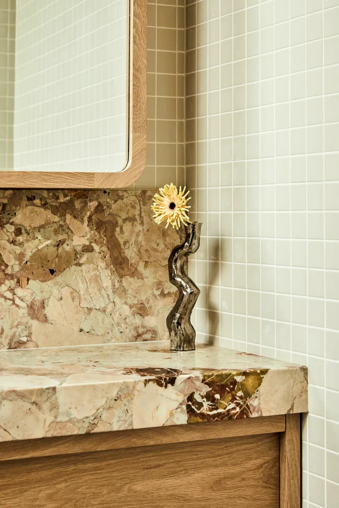 Darren Palmer's Bondi home bathroom vanity with vase.