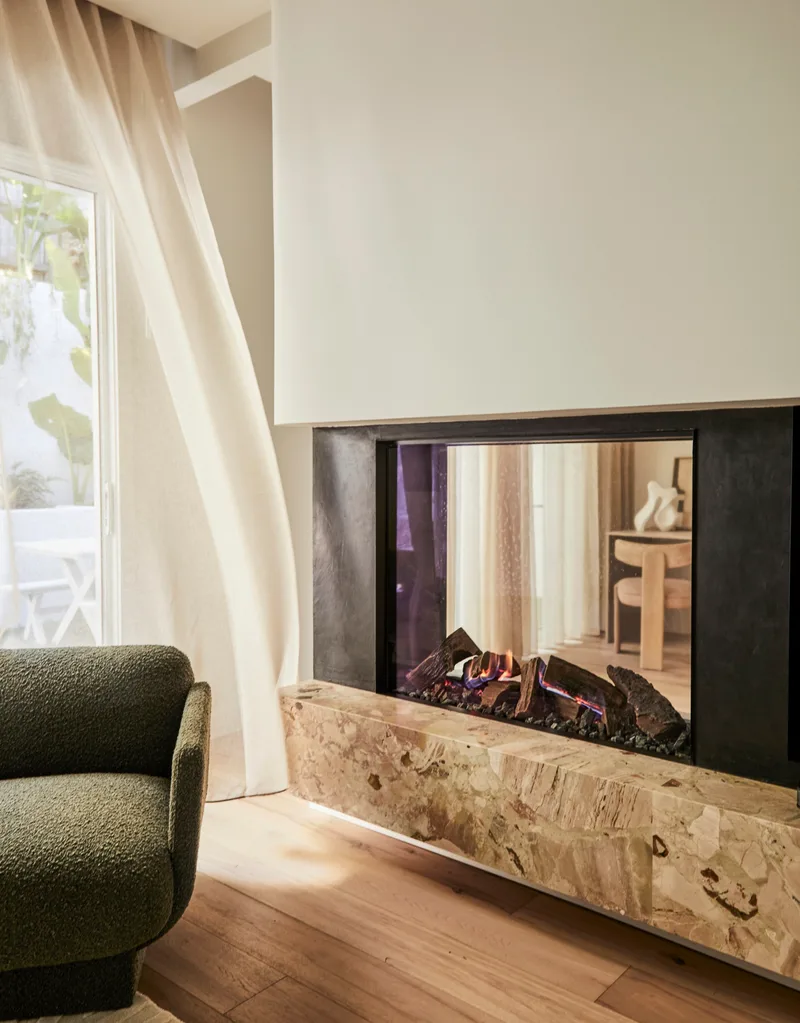 Darren Palmer's fireplace in the winter living room.