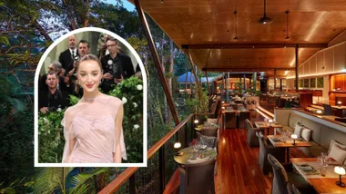 Phoebe Dynevor inset at Met Gala with Silky Oaks Lodge restaurant