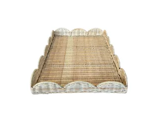 ‘Amari’ scalloped rattan tray in Natural, Blue Maisonette