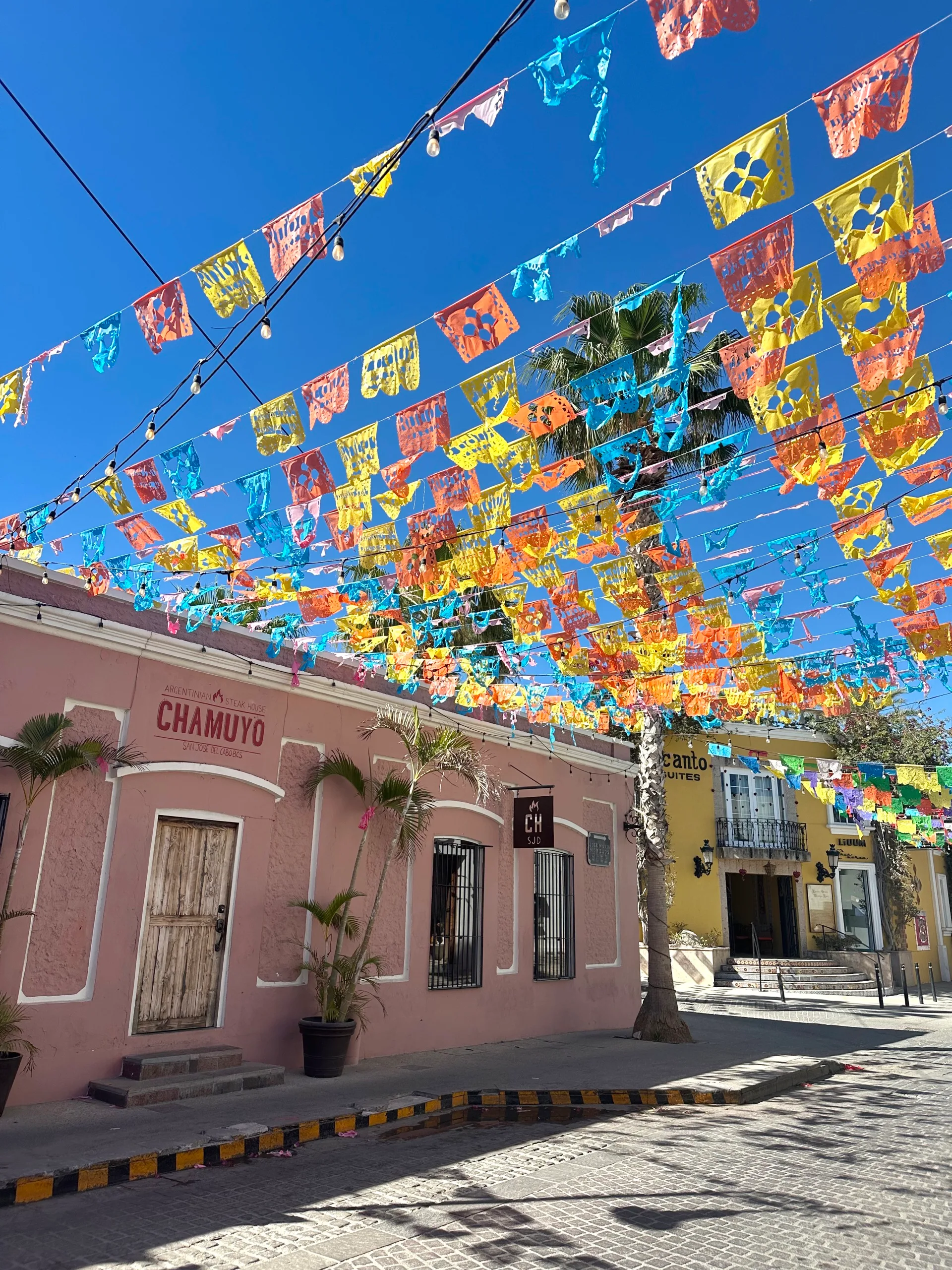 Bright buntings strung from buildings in Los Cabos.