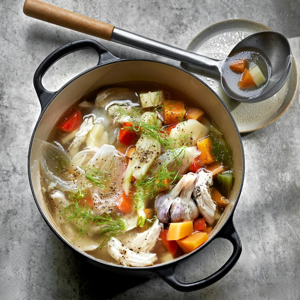 Whole poached chicken soup.